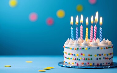 A white birthday cake with colorful candles on a blue background, with copy space for text.