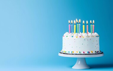 A simple birthday cake with colorful candles against a blue background