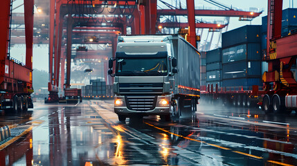 Truck trailer on the pier in the cargo port terminal with cranes and containers. AI Generated