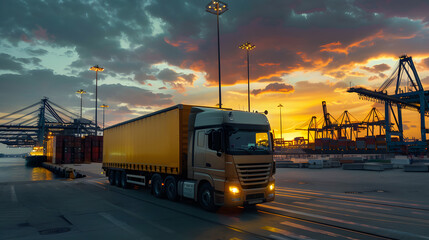 Truck trailer on the pier in the cargo port terminal with cranes and containers. AI Generated