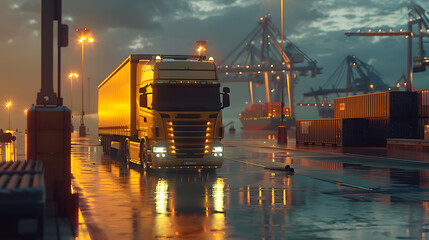 Truck trailer on the pier in the cargo port terminal with cranes and containers. AI Generated