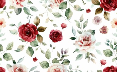 Wall Mural - Floral pattern with red and pink roses on a white background, featuring green leaves and small blooms Elegant and romantic design