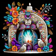 Colorful paper art featuring a sugar skull surrounded by vibrant flowers, two birds, and decorative elements against a black background.