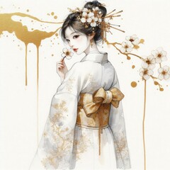 Wall Mural - Elegant Geisha with Sakura Blossoms: A Fusion of Tradition and Art with Generative AI.