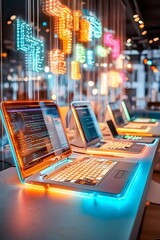 Neon lit laptop with code on the screen in a modern office.