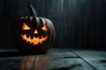 Wall Mural - Carved halloween pumpkin is sitting on a rustic wooden surface and glowing in the dark