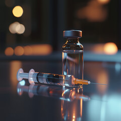 Syringe and Vaccine Vial on Reflective Surface with Warm Lighting