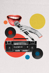 Wall Mural - Creative poster collage of mouth sing karaoke boombox listen music bizarre unusual fantasy billboard comics