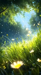 Wall Mural - Sunlit Meadow with Delicate Wildflowers.