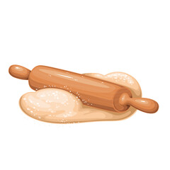 Pie or cookie dough roll out with cartoon rolling pin. Pizza or wheat bread making by baker with wooden kitchen tool. Bakery, cooking, preparation mascot, cartoon rolling process vector illustration