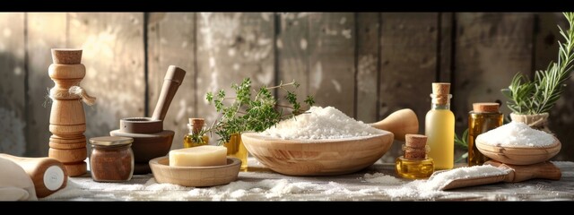 Rustic kitchen scene with culinary ingredients and tools