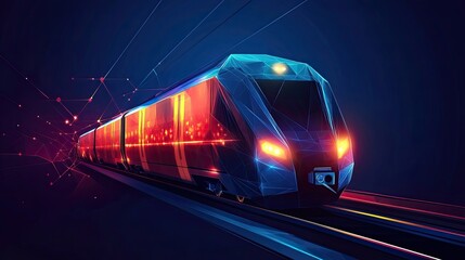 Wall Mural - Abstract Low Poly Train at Railway Station or Metro with Dark Blue Background, Highlighting Modern Transport Design with Polygonal Style.