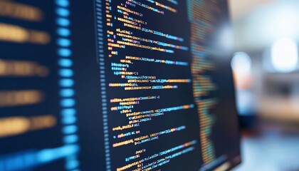 Focused view of secure software development code displayed on computer screen with blurred backdrop