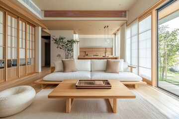 Wall Mural - Japandi-style minimalist design in a modern living room.