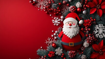 Cheerful Santa Claus decoration with festive foliage and winter ornaments