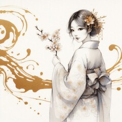 Wall Mural - Elegant Geisha with Sakura Blossoms: A Fusion of Tradition and Art with Generative AI.