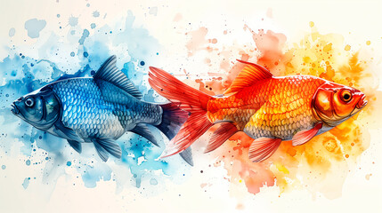 Watercolor illustration of a goldfish on a colored background.