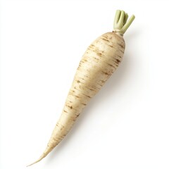 Poster - A single, whole, white parsnip with a green stem, isolated on a white background.