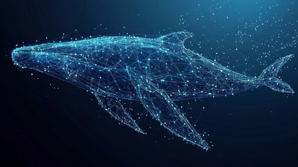 Wall Mural - Blue whale composed of polygons. Marine animal digital concept. Low-poly vector illustration featuring a starry sky or cosmos. The whale is made up of lines, dots, and shapes, with a wireframe light .