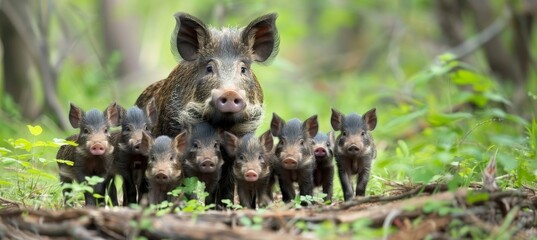 Wild boar sow and her cute little piglets, Sus scrofa, searching for food in the forest