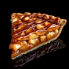 Poster - A slice of apple pie with a caramel glaze, isolated on a black background.