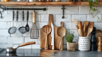 Canvas Print - Wooden Kitchen Utensils and  Cutting Boards in Rustic Kitchen