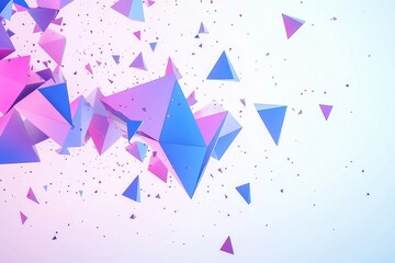 Wall Mural - Abstract background with blue and purple polygonal shapes on a white backdrop, flying triangles, crystals, and confetti in motion.