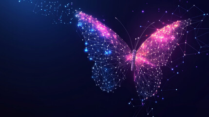 Wall Mural - Butterfly made up of polygons. Low-poly vector illustration featuring a starry sky or cosmic theme. The digital flyer includes lines, dots, and shapes, with a wireframe technology light connection.