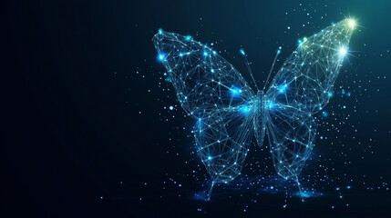 Wall Mural - Butterfly made up of polygons. Low-poly vector illustration featuring a starry sky or cosmic theme. The digital flyer includes lines, dots, and shapes, with a wireframe technology light connection.