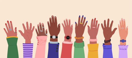 Group of diverse multiracial hands raised up. Team cooperation and communication. International community. Hand drawn vector vector illustration isolated on light background, flat cartoon style.