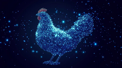 Chicken and egg depicted in low-poly wireframe. Vector polygonal image resembling a starry sky or cosmic scene, composed of points, lines, and shapes, with star-like and abstract forms.