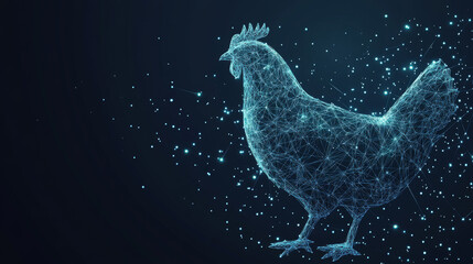 Chicken and egg depicted in low-poly wireframe. Vector polygonal image resembling a starry sky or cosmic scene, composed of points, lines, and shapes, with star-like and abstract forms.