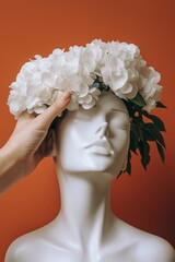 Wall Mural - A woman's hand is touching a white flower head on a mannequin's head. Concept of care and attention to detail