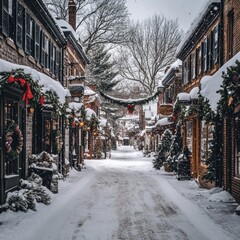 Poster - A snow-covered street lined with charming brick buildings adorned with Christmas decorations.