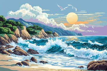 Sticker - Coastal Landscape with Breaking Waves and Sunset