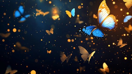 Wall Mural - Dark background, gold and blue butterflies flying in the air, golden light spots