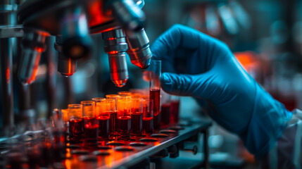 microscope with test tubes with blood samples