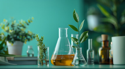 experiment on green leaf , the research on chemistry lab , fluid in beaker and laboratory equipment and transparent podium with blank space