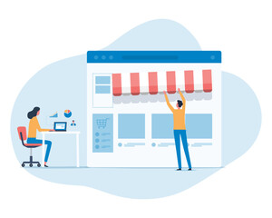 Poster - web developer and graphic designer team working. flat vector illustration design concept create and make online store  on mobile application and web browser. people  business team working.
