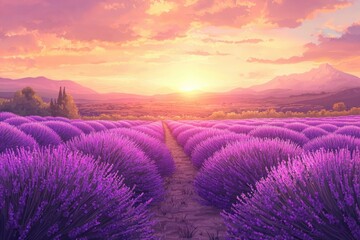 Wall Mural - A Sunset View of a Lavender Field with a Path Leading Through it