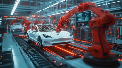 Wall Mural - Car factory with two red industrial robots and a futuristic hologram that displays.