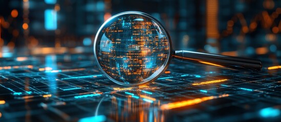 Wall Mural - magnifying glass over digital circuit board with glowing data points and network connections