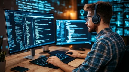 focused software developer working late on computer code in a dark room with multiple monitors