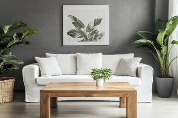 Wall Mural - A wooden square coffee table beside a white sofa in a room with a grey wall and art poster. The living room features a minimalist, elegant modern interior design.