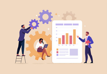 Fototapete - Business Teamwork Concept. Vector illustration in flat style of a group of people working on a common project with gears and an analytics dashboard. Isolated on background 