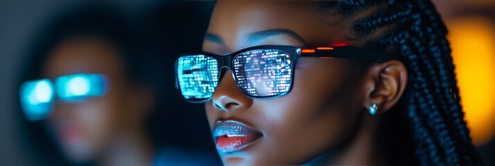 Close Up Of A Womans Face wearing Glasses With Digital Information Reflecting In A Dark Room
