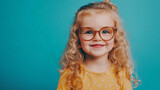 Uśmiechnięta mała dziewczynka z kręconymi blond włosami i dużymi okularami, na tle jednolitego koloru. 