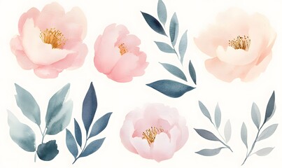 Poster - Beautiful watercolor pink peonies and leaves collection, Generative AI