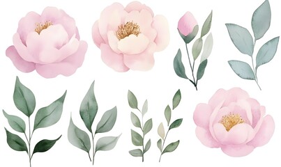 Wall Mural - Beautiful watercolor pink peonies and leaves collection, Generative AI