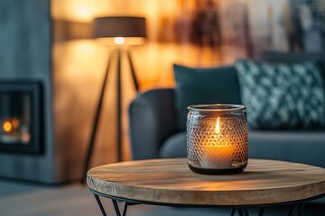 Wall Mural - Close-up of a round glass jar with a burning candle on a rustic wooden coffee table, with a lamp on a side table next to a grey sofa. The living room features a minimalist loft interior design.